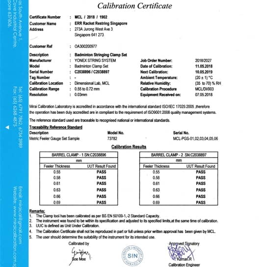 Racket Restring Clamp Calibration Certificate 2018 Due 2019 ERR Badminton Stringing 2024