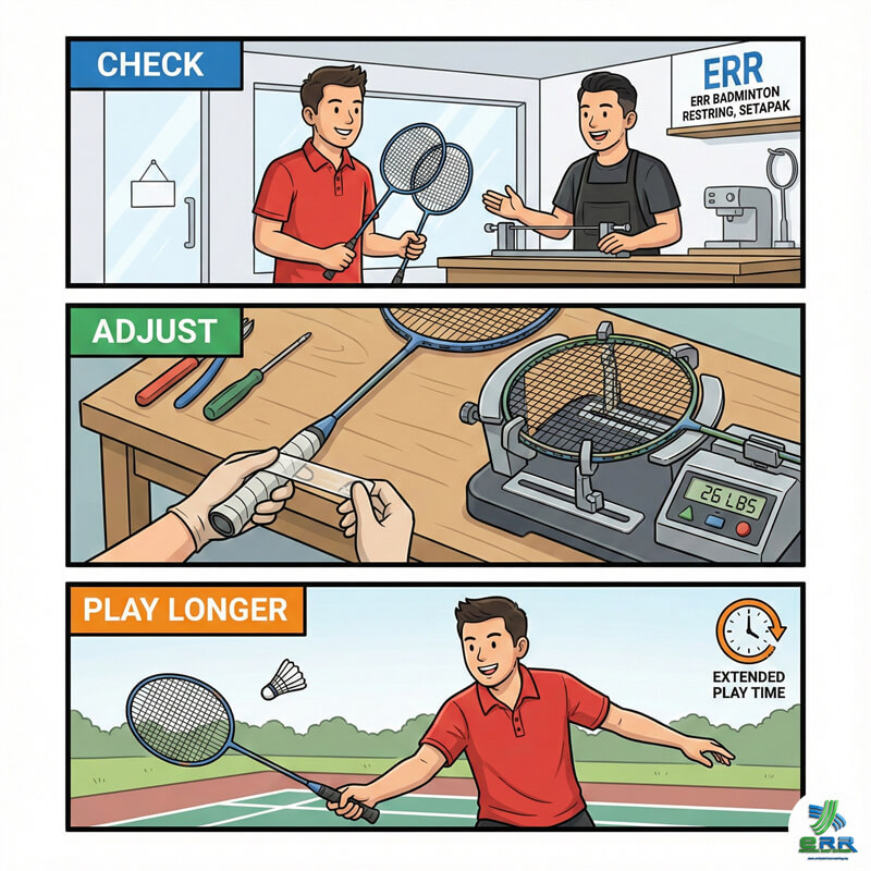 Adult player from Setapak verifying racket balance point and swing feel Adult player from Setapak verifying racket balance point and swing feel