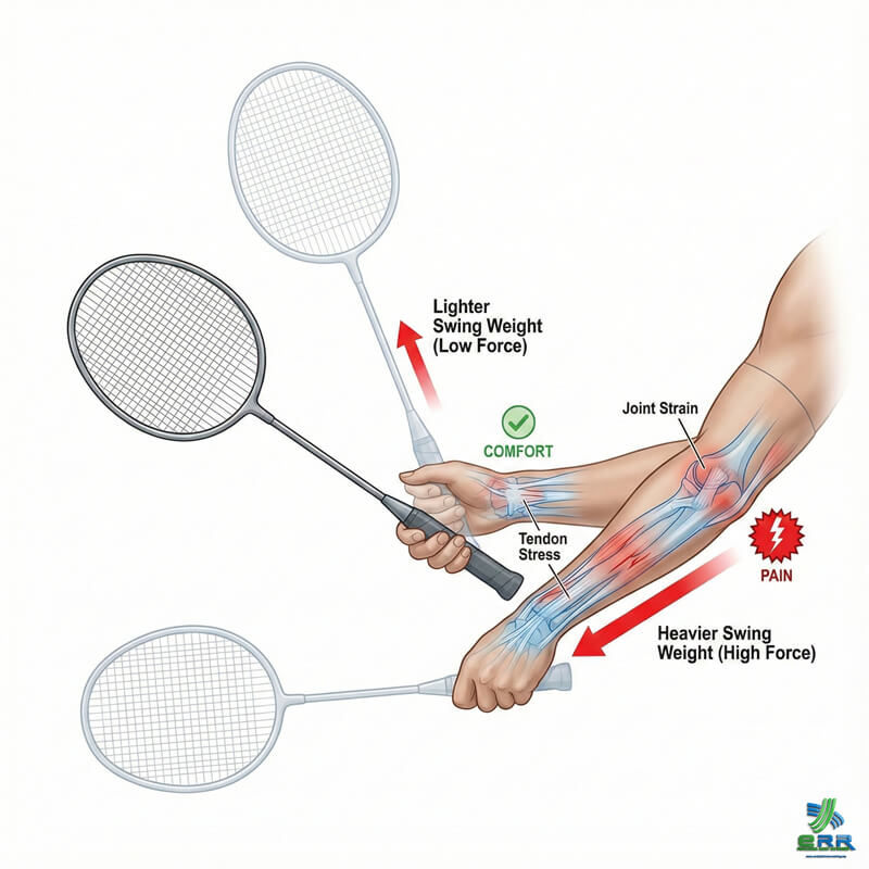 Wrist Health and Swing Weight Badminton player checking wrist comfort after adjusting swing weight in Kuala Lumpur