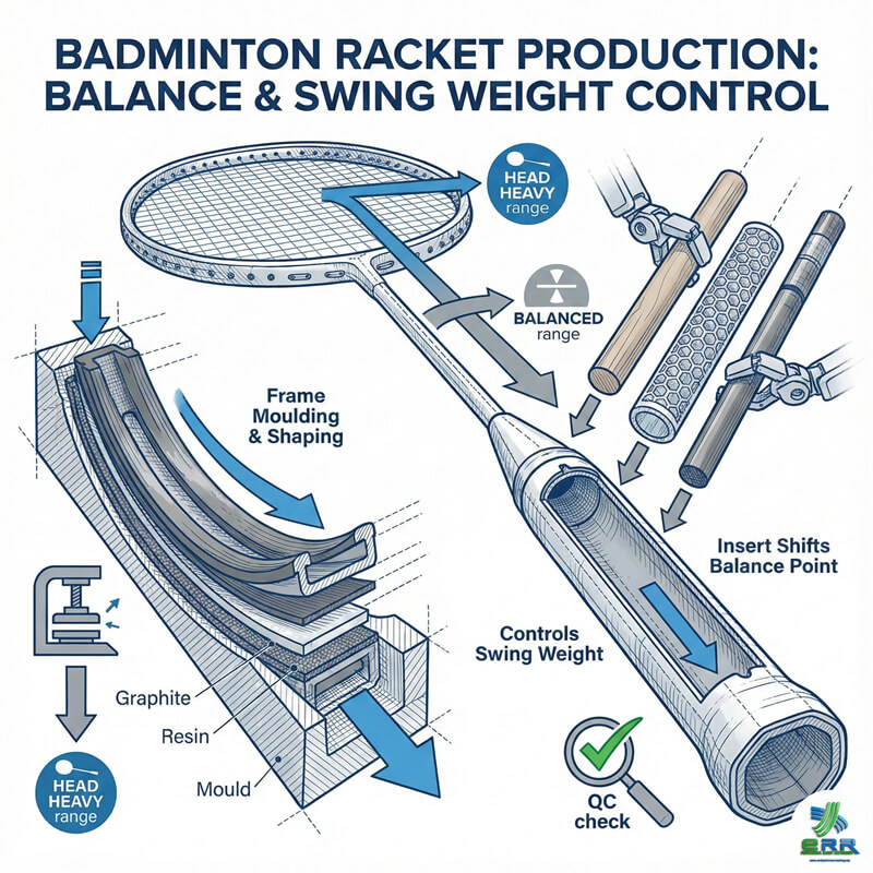 Racket Manufacturing and Balance Diagram showing internal racket handle inserts for balance control in Kuala Lumpur