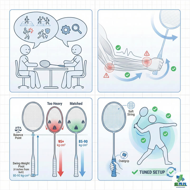 Consulting on Swing Weight ERR Badminton Restring team assessing player racket swing weight in Setapak